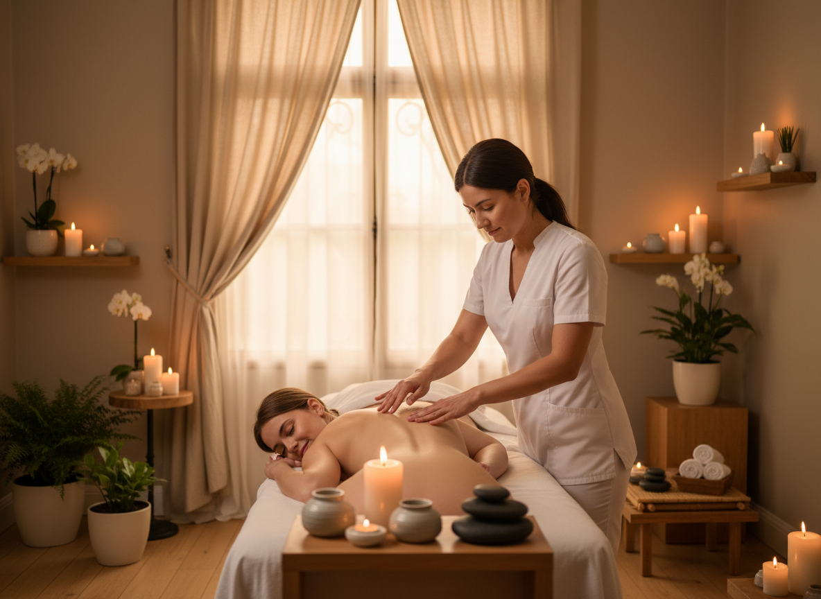 A relaxing spa scene showing a professional therapist gently performing a back tickling service on a client lying face down on a massage table, soft warm lighting, candles, and neutral spa decor, realistic, calming, high quality promotional photo