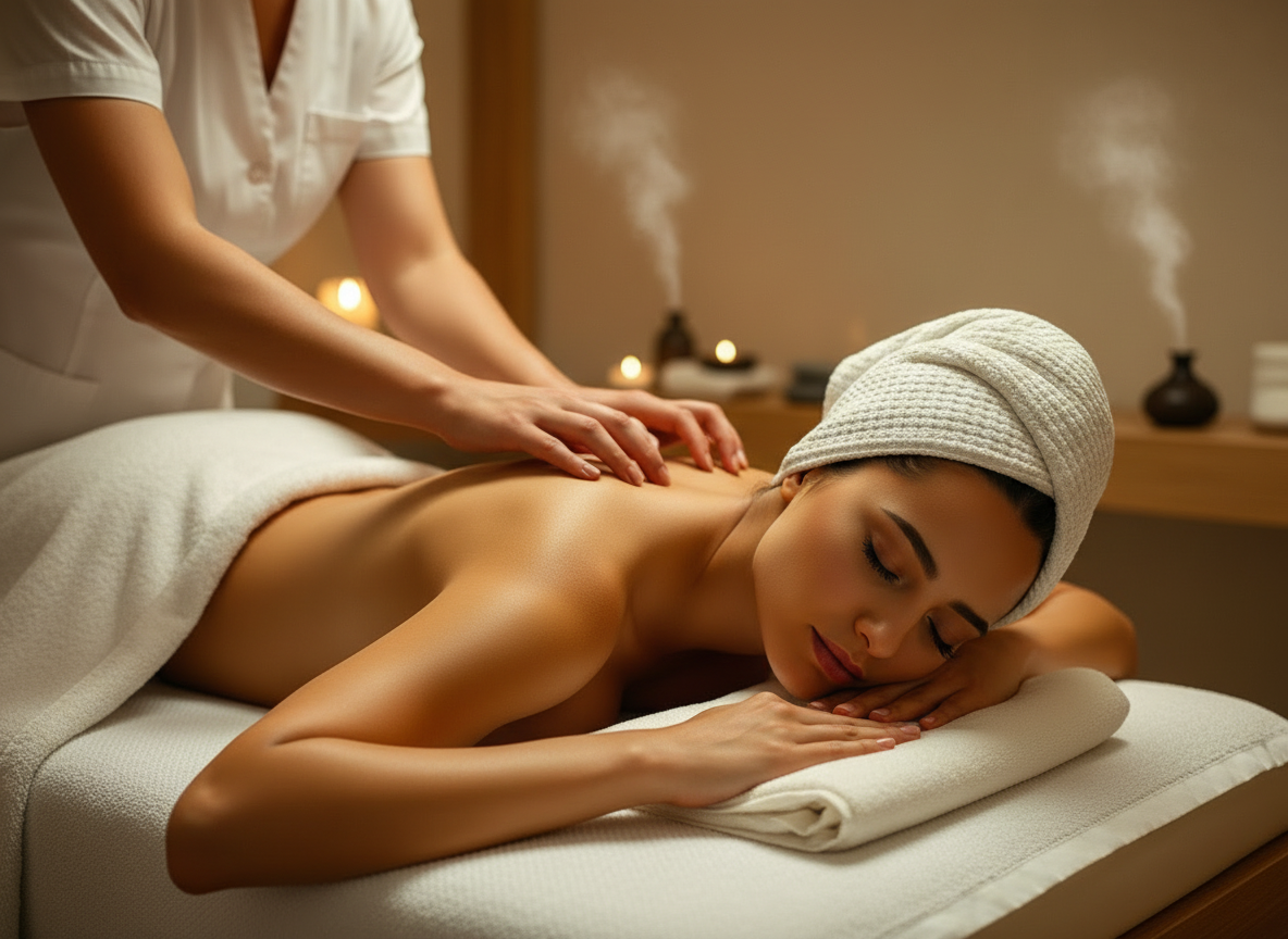A soothing, professional, non-sexual spa setting showing a client lying face-down with a towel covering their body while a practitioner gently scratches and massages their upper back for relaxation, warm neutral colors, soft lighting, calm atmosphere