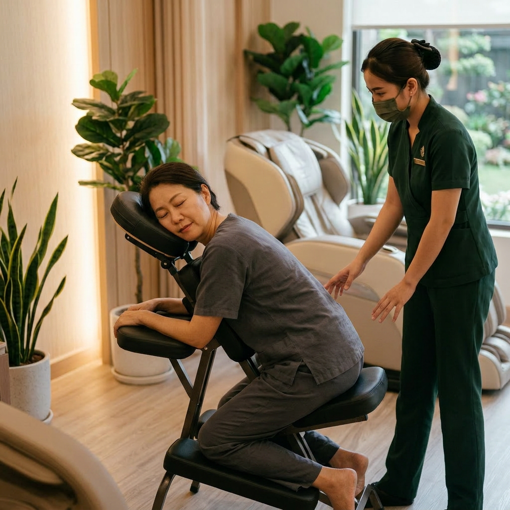 Woman reclining in massage chair with spa staff adjusting controls
